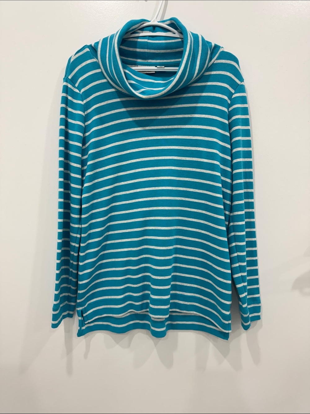 L.L.Bean Teal Striped Cowl Neck Long Sleeve Top Size L